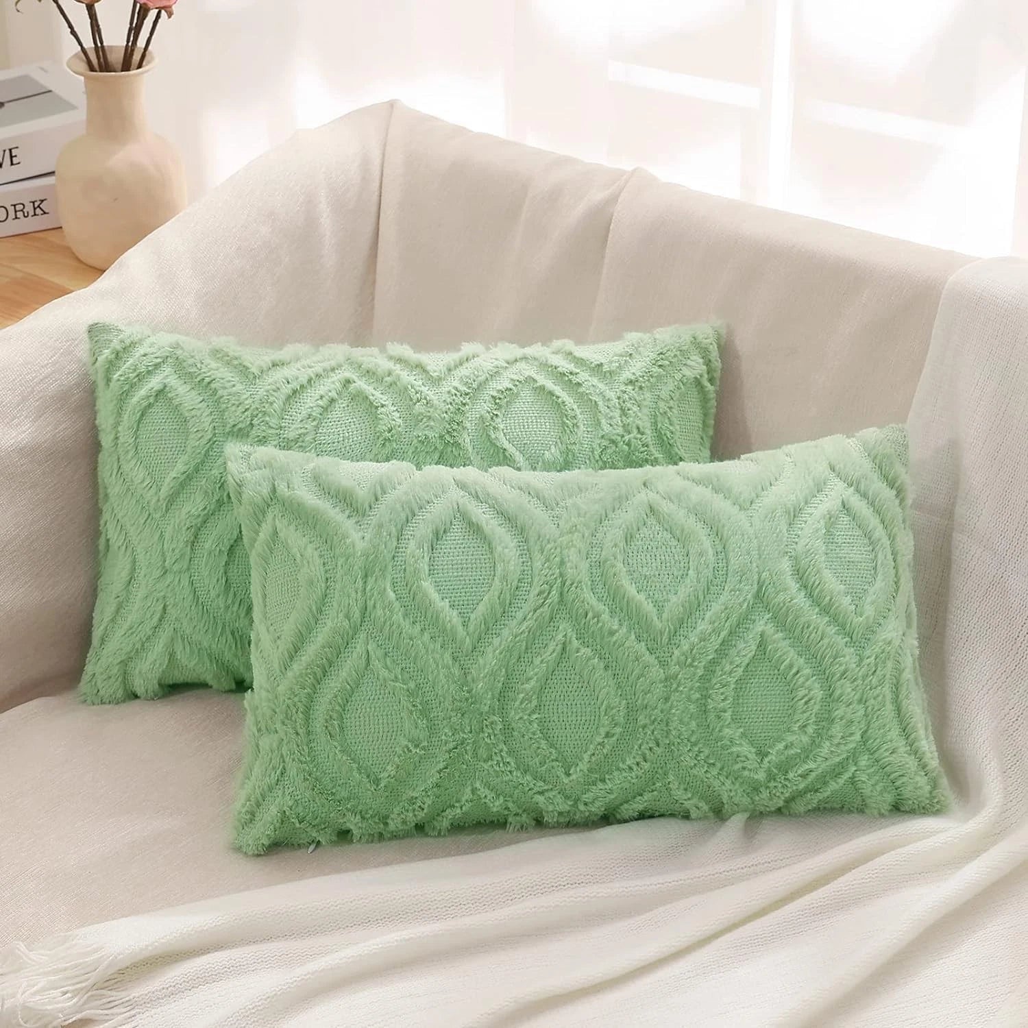 decorUhome Throw Pillow Covers 12x20 Inch Set of 2, Soft Plush Faux Wool Sage...