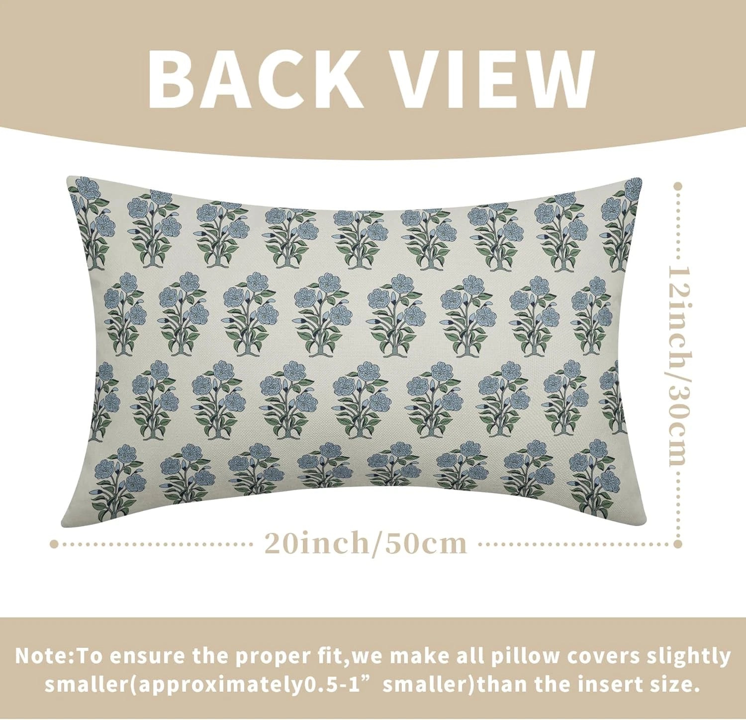 Blue Green Floral Block Print Lumbar Pillow Covers 12X20 Set of 2 Chinoiserie Fl