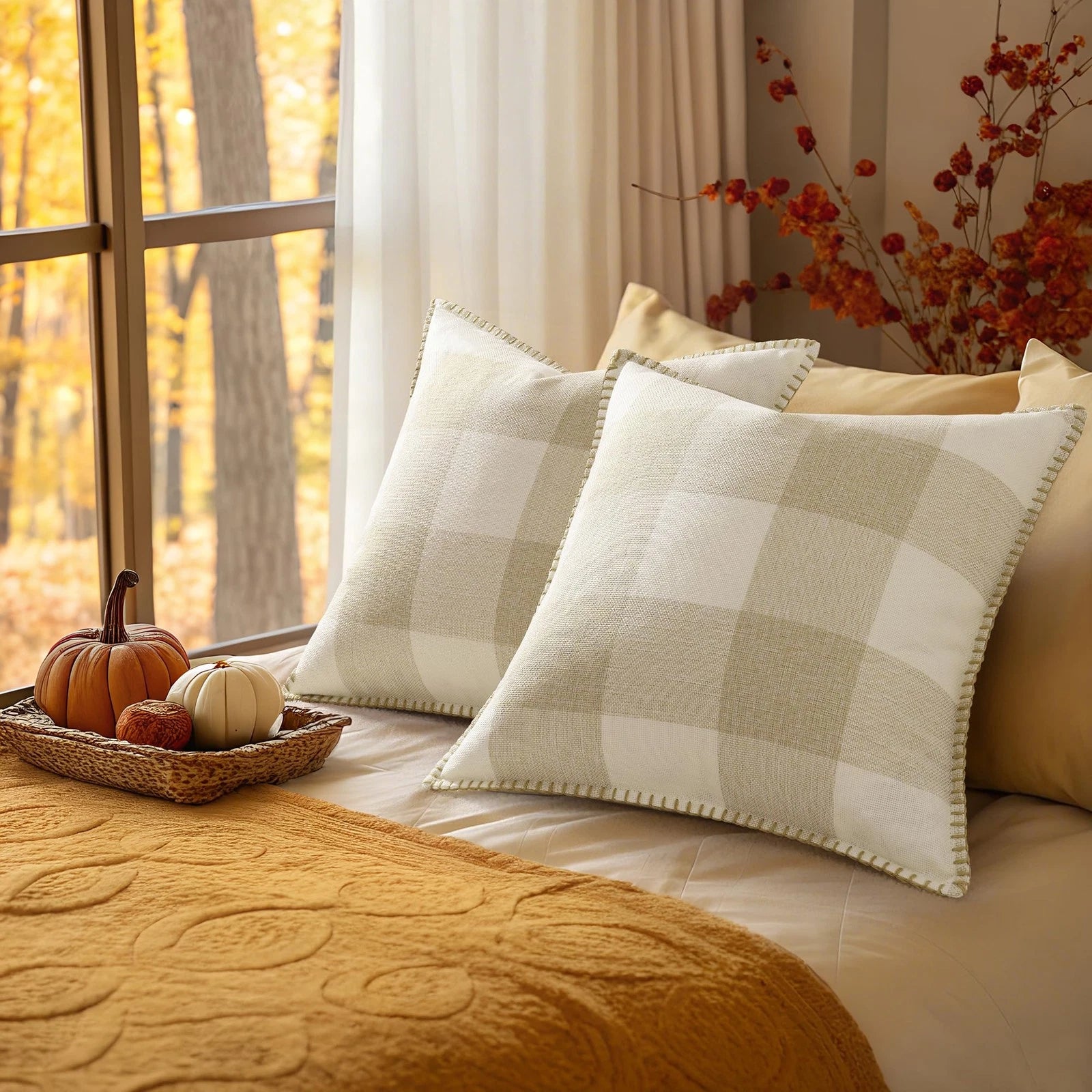 Buffalo Plaid Check Fall Throw Pillow Covers 18x18 Set of 2, Outdoor Decorati...