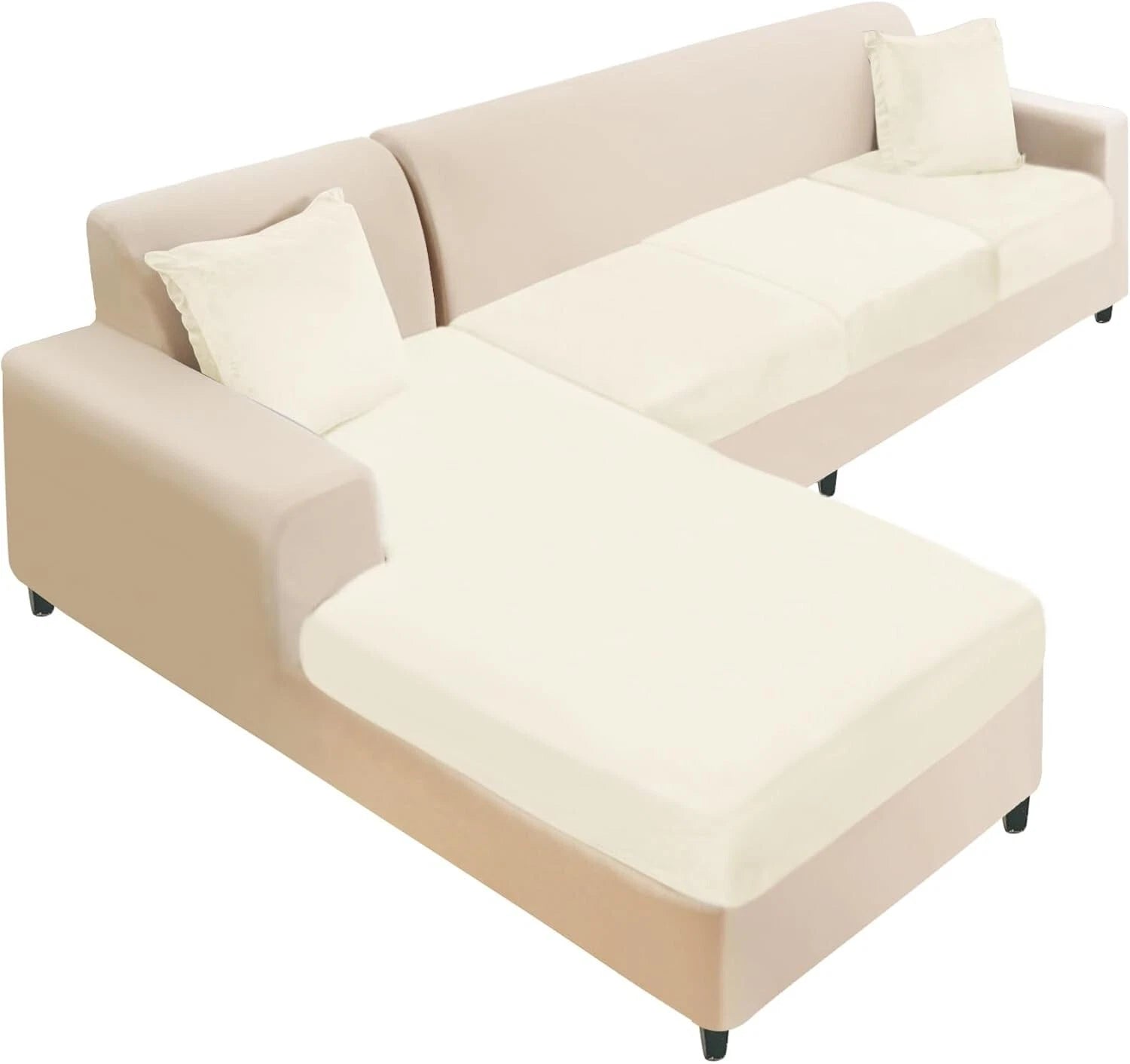 Universal Stretch Velvet L-Shape Couch Slipcovers with 2 Pillowcases - Cream