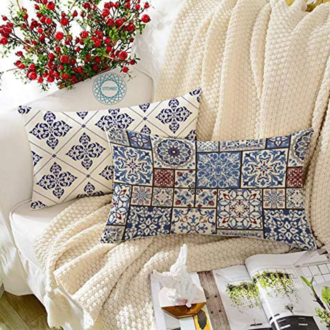 Printed Canvas Cotton Blue Brown Rectangular Cushion Covers,Set of 2 ,12 x 18 In