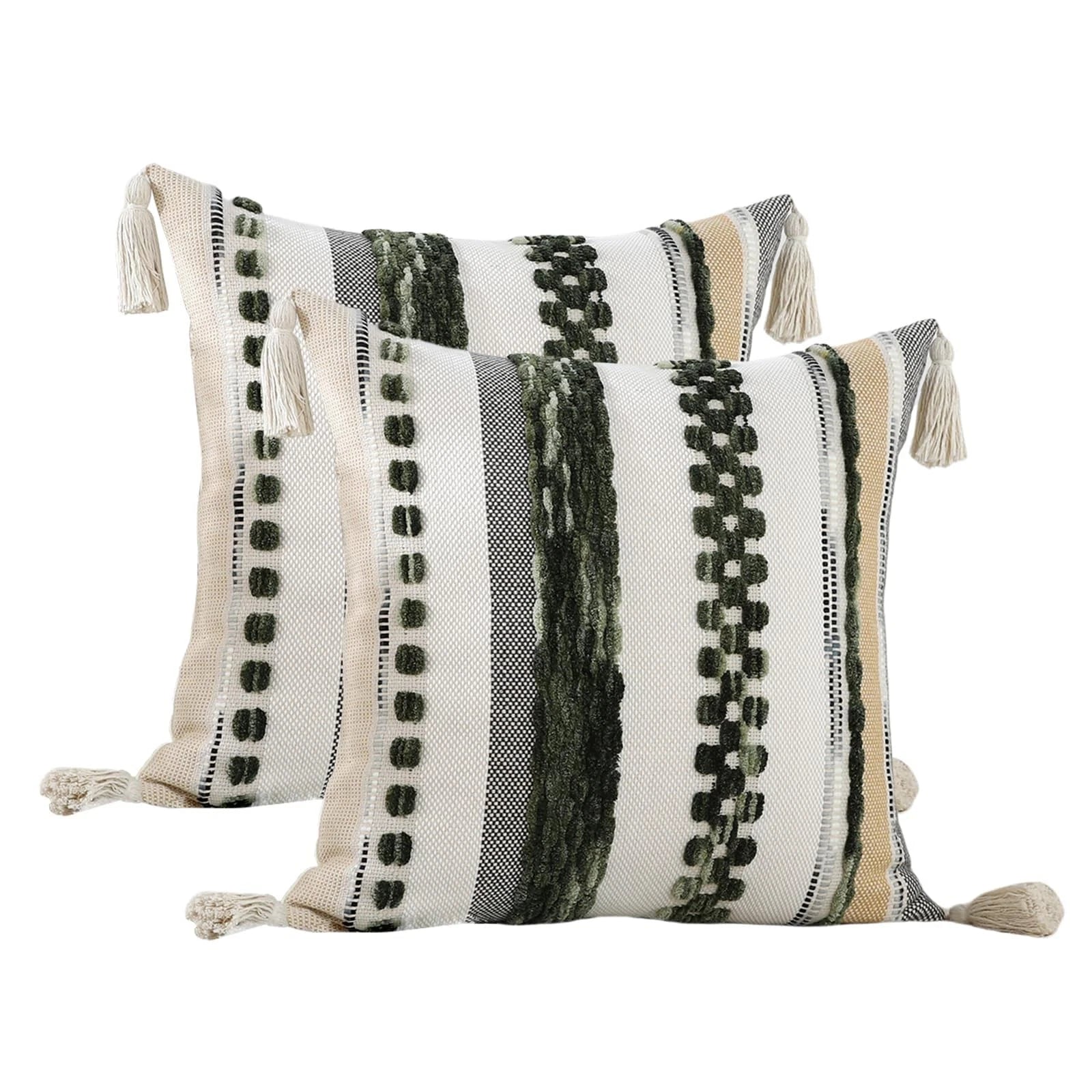 Set of 2 Boho Throw Pillow Covers 18x18 inch Woven Tufted Farmhouse Pillows C...