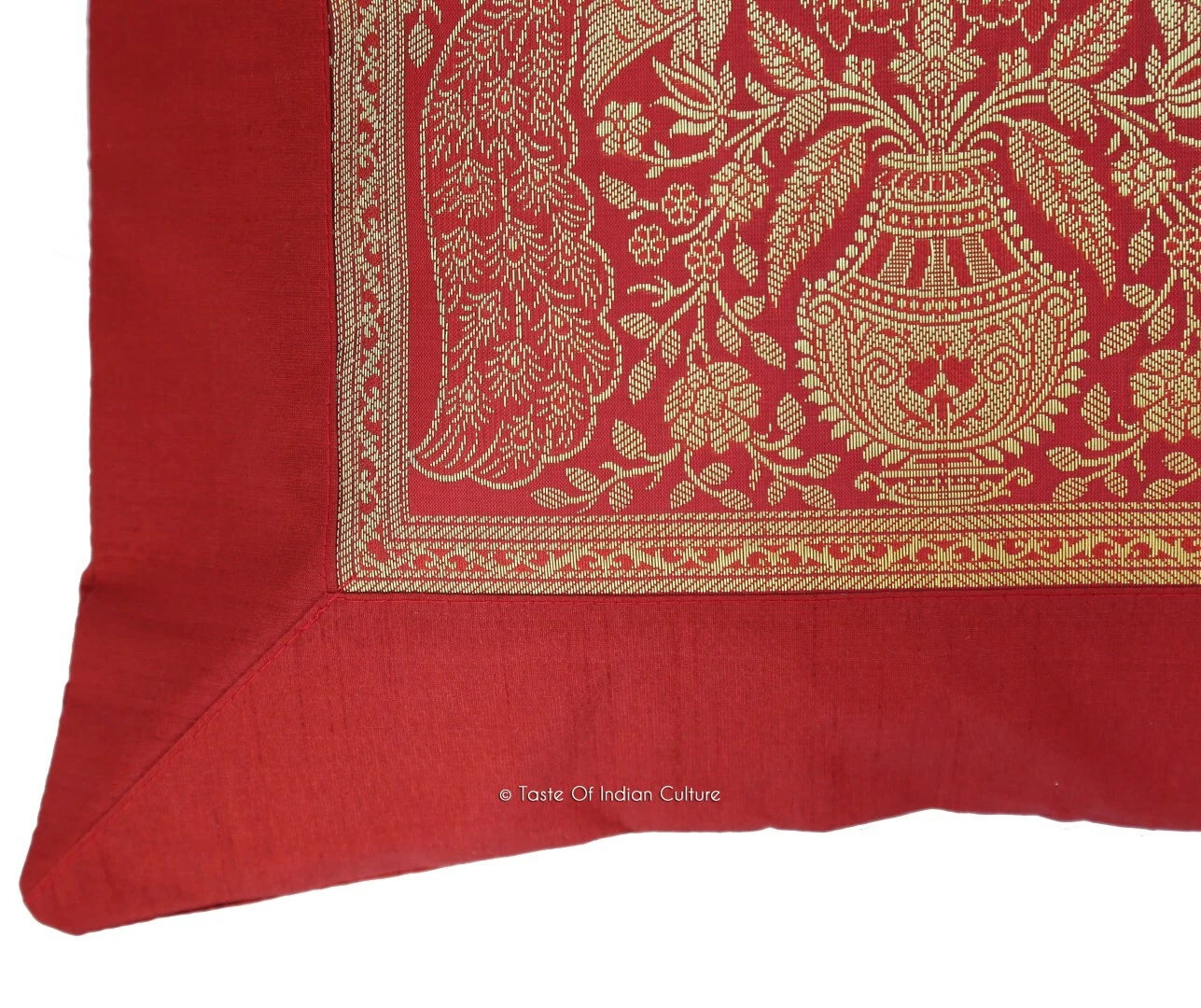16" Indian Peacock Printed Silk Brocade With Dupion Silk Cushion Cover Dark Red