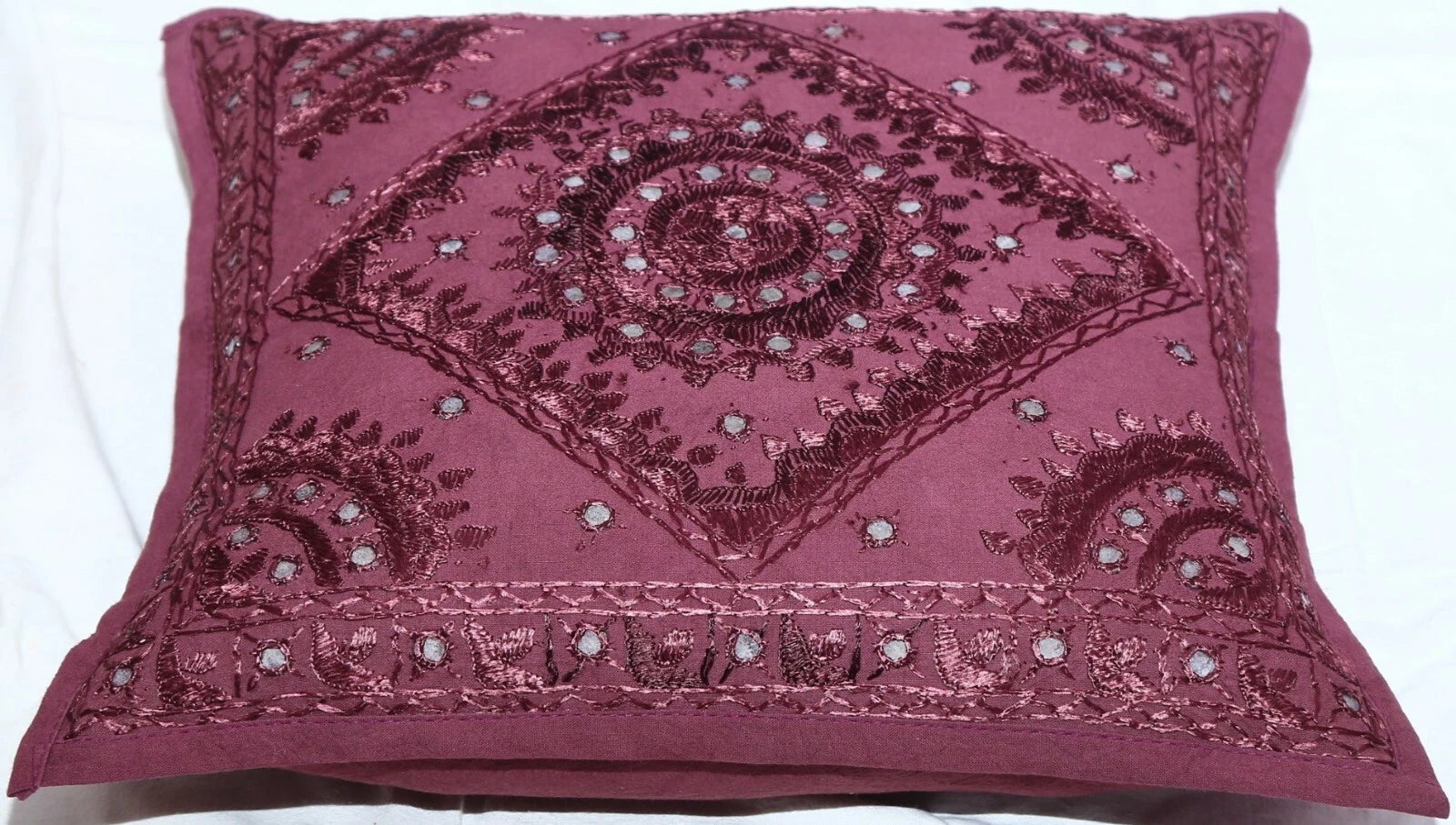 16" Decorative Mirror Embroidered Pucca Cushion Pillow-Cover Sofa Throw Wine Red