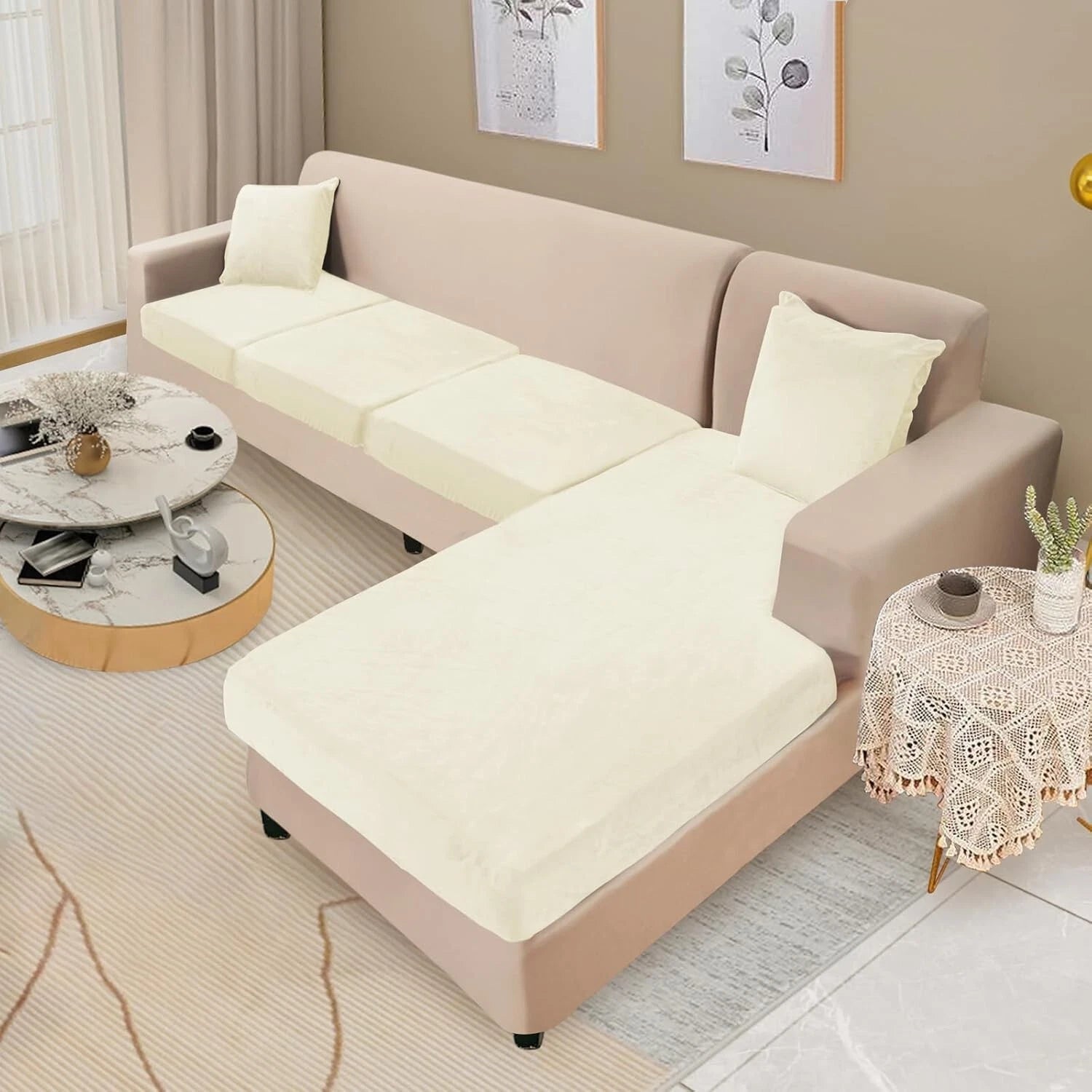 Universal Stretch Velvet L-Shape Couch Slipcovers with 2 Pillowcases - Cream