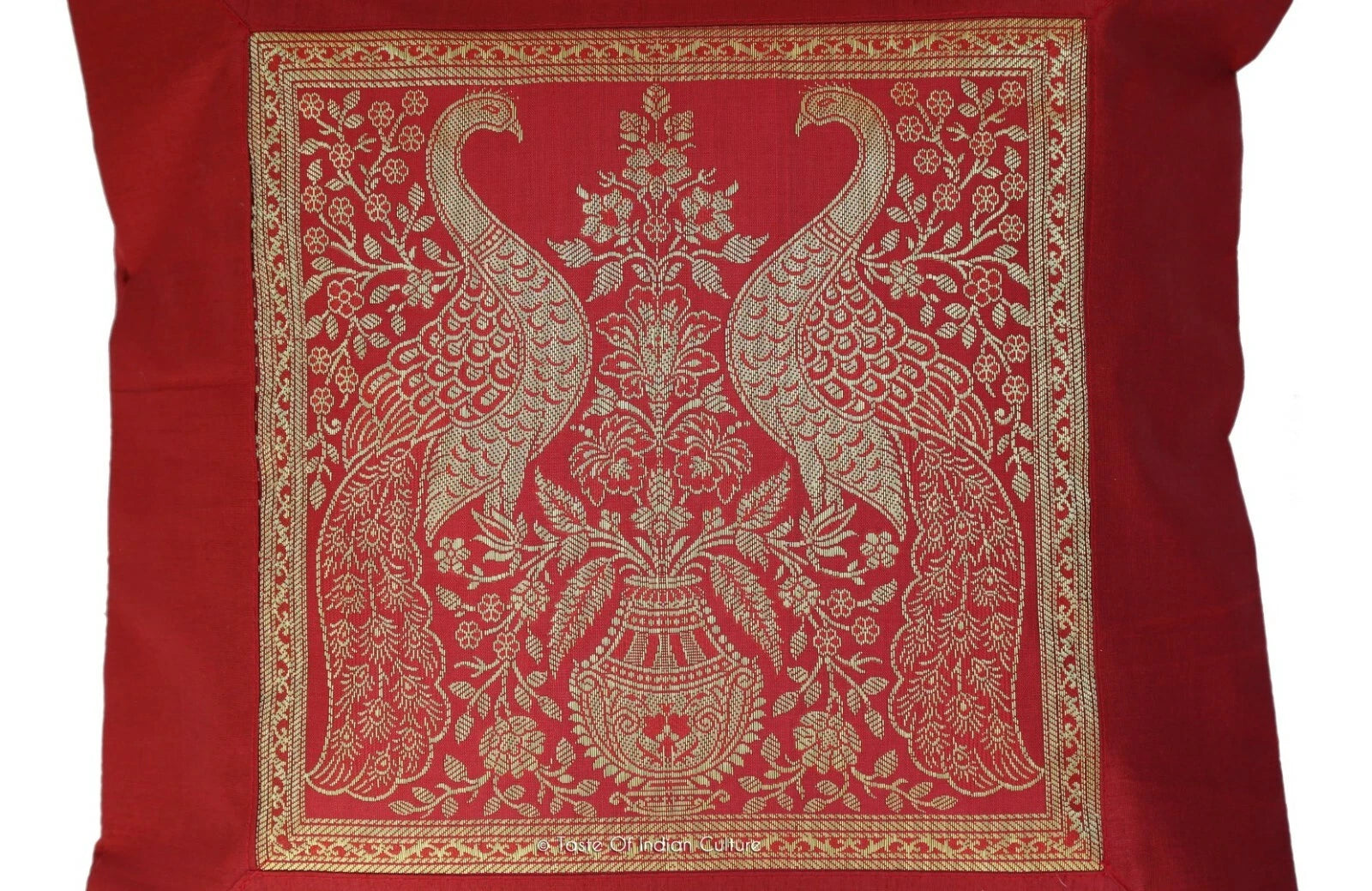 16" Indian Peacock Printed Silk Brocade With Dupion Silk Cushion Cover Dark Red