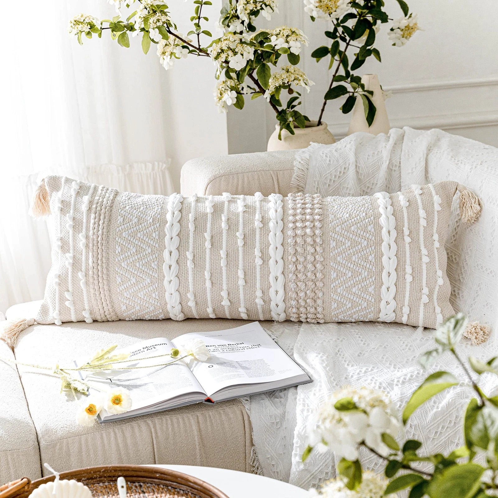 Cream Decorative Lumbar Throw Pillow Cover 14x36 Boho Long Cushion for Bed Ne...