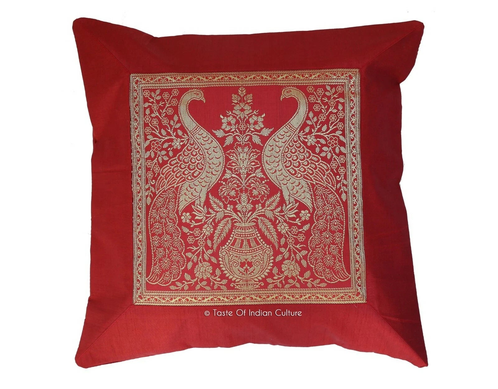 16" Indian Peacock Printed Silk Brocade With Dupion Silk Cushion Cover Dark Red