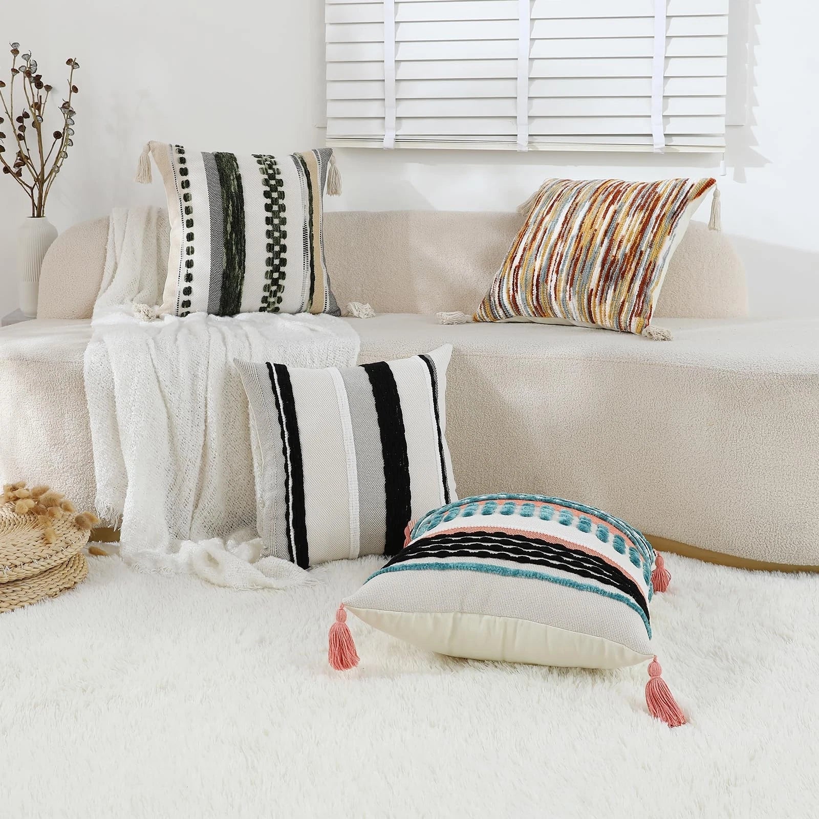 Set of 2 Boho Throw Pillow Covers 18x18 inch Woven Tufted Farmhouse Pillows C...