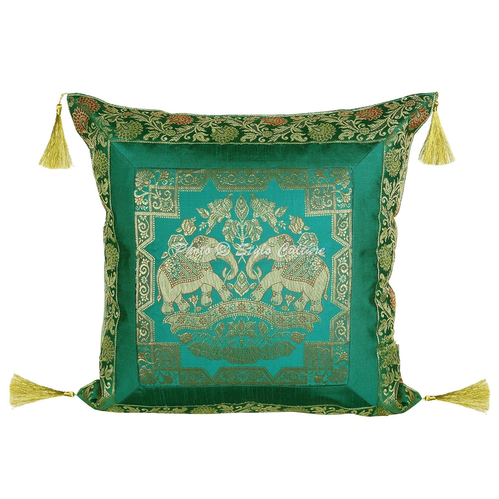 Green Cushion Cover Brocade Jacquard Gypsy Bohemian Tribal Ethnic Hippie Pillow