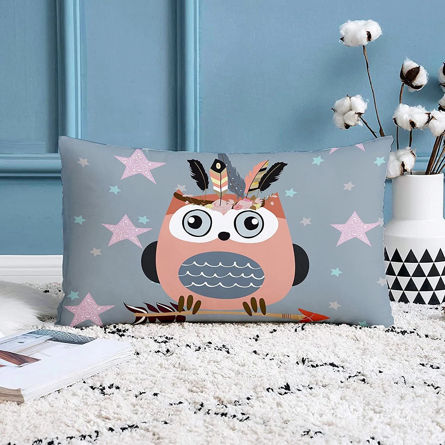 Owl Printed Canvas Cotton Cushion Covers (12 x 18 Inches) -Combo Set of 2
