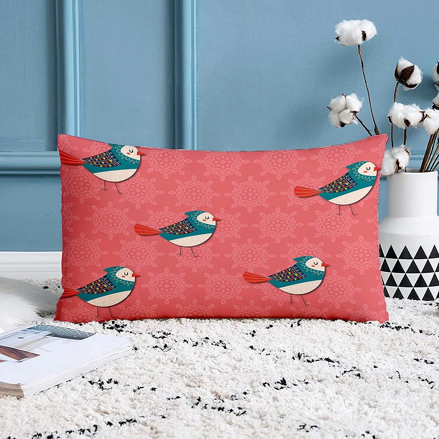Birds Printed Canvas Cotton Cushion Covers, Combo Set of 2 ( 12 x 18 Inches )