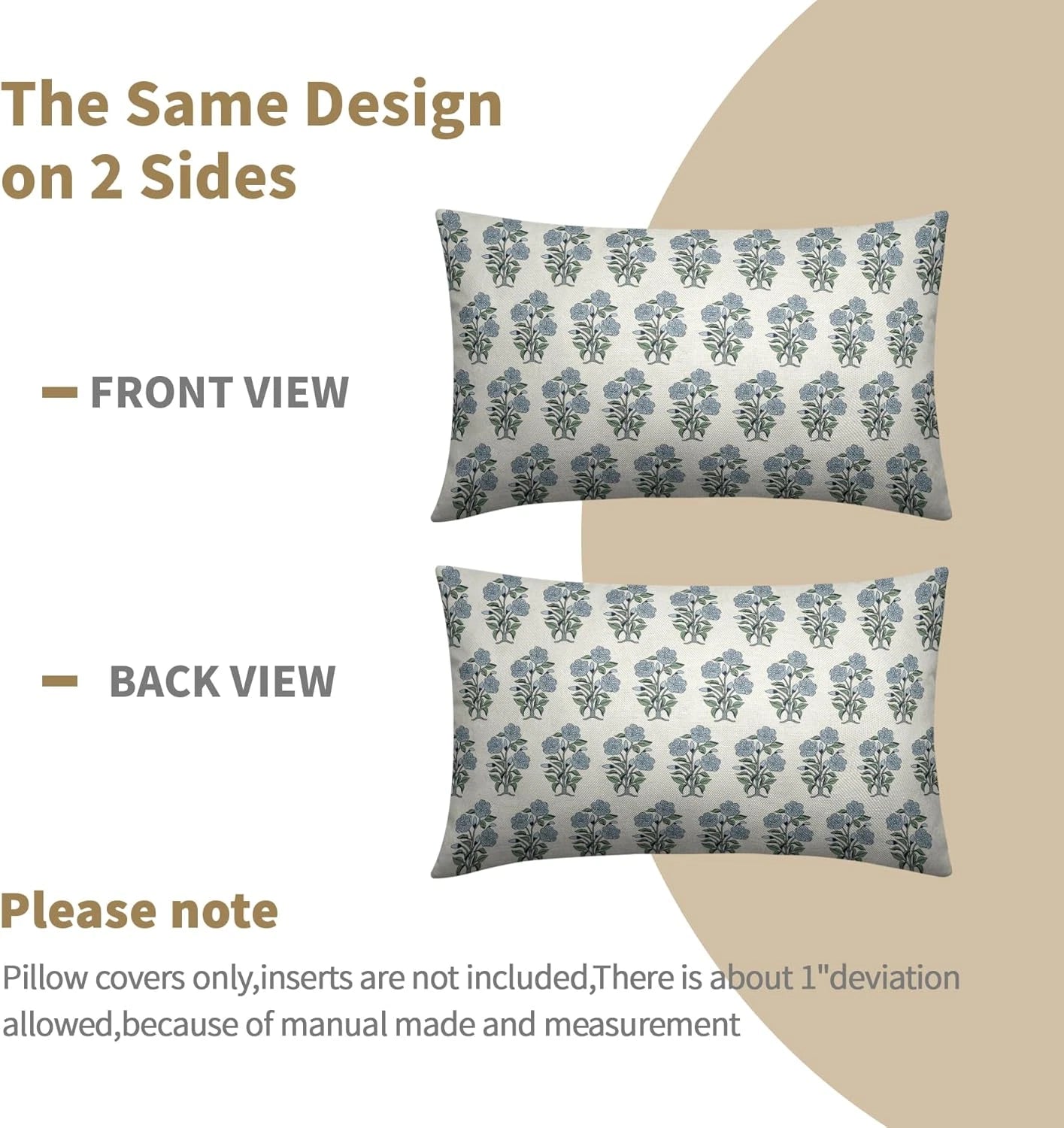 Blue Green Floral Block Print Lumbar Pillow Covers 12X20 Set of 2 Chinoiserie Fl