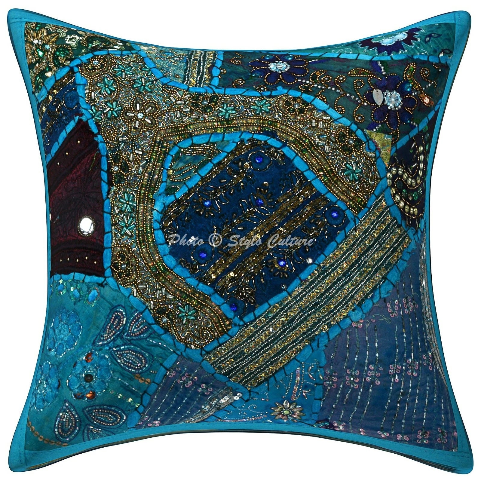 Blue Cushion Cover Beaded Gypsy Handmade Boho Ethnic Tribal Ethnic Hippie Pillow