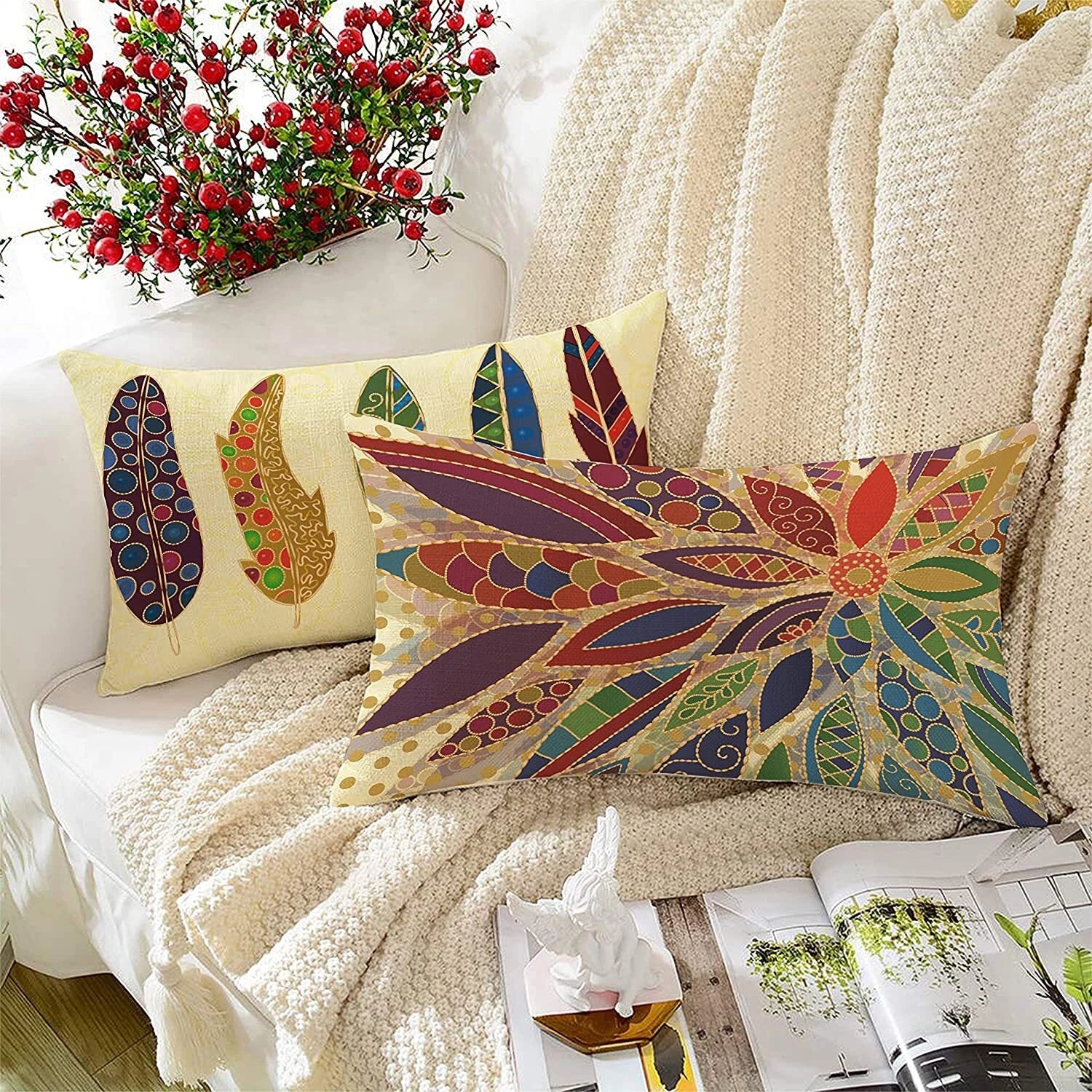 Feather Printed Cotton Canvas Cushion Cover Set of 2, ( 12 x 18 Inches )