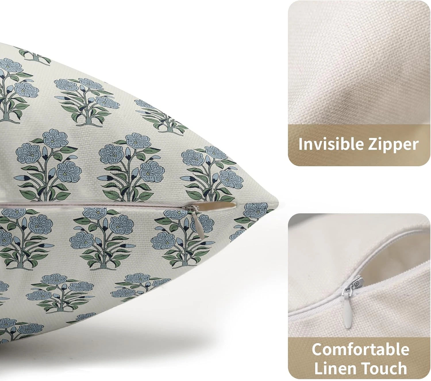 Blue Green Floral Block Print Lumbar Pillow Covers 12X20 Set of 2 Chinoiserie Fl