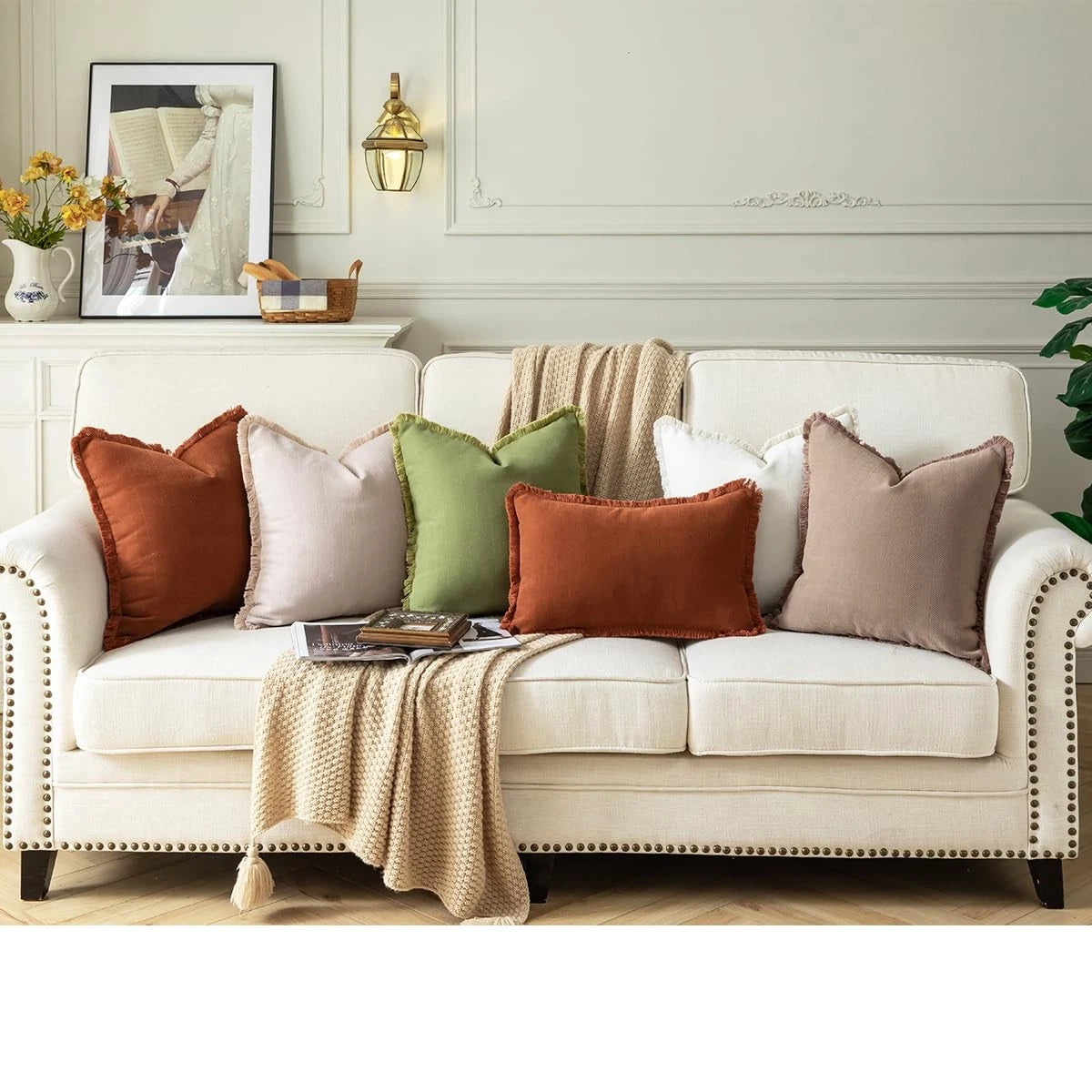 Set of 2 Decorative Fringe Throw Pillow Covers Chenille Pillow Covers Elegant...