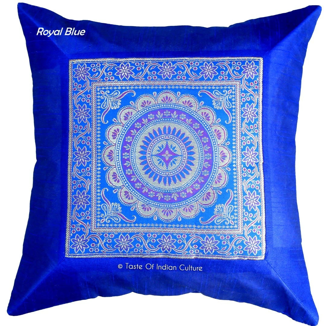 16" Indian Mandala Printed Dupioni Silk With Brocade Cushion Cover Royal Blue