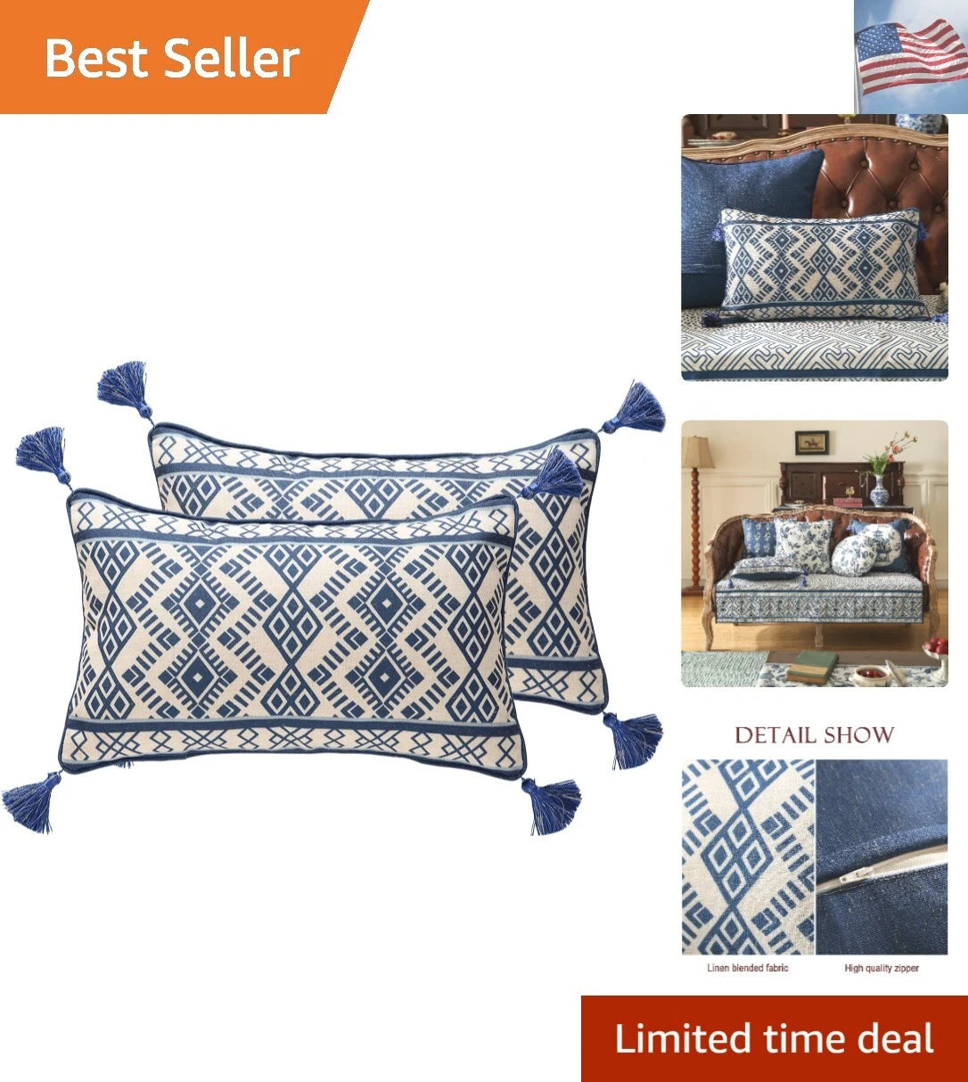 Porcelain Throw Pillow Covers Set of 2,Classic Chinoiserie Blue and White wit...