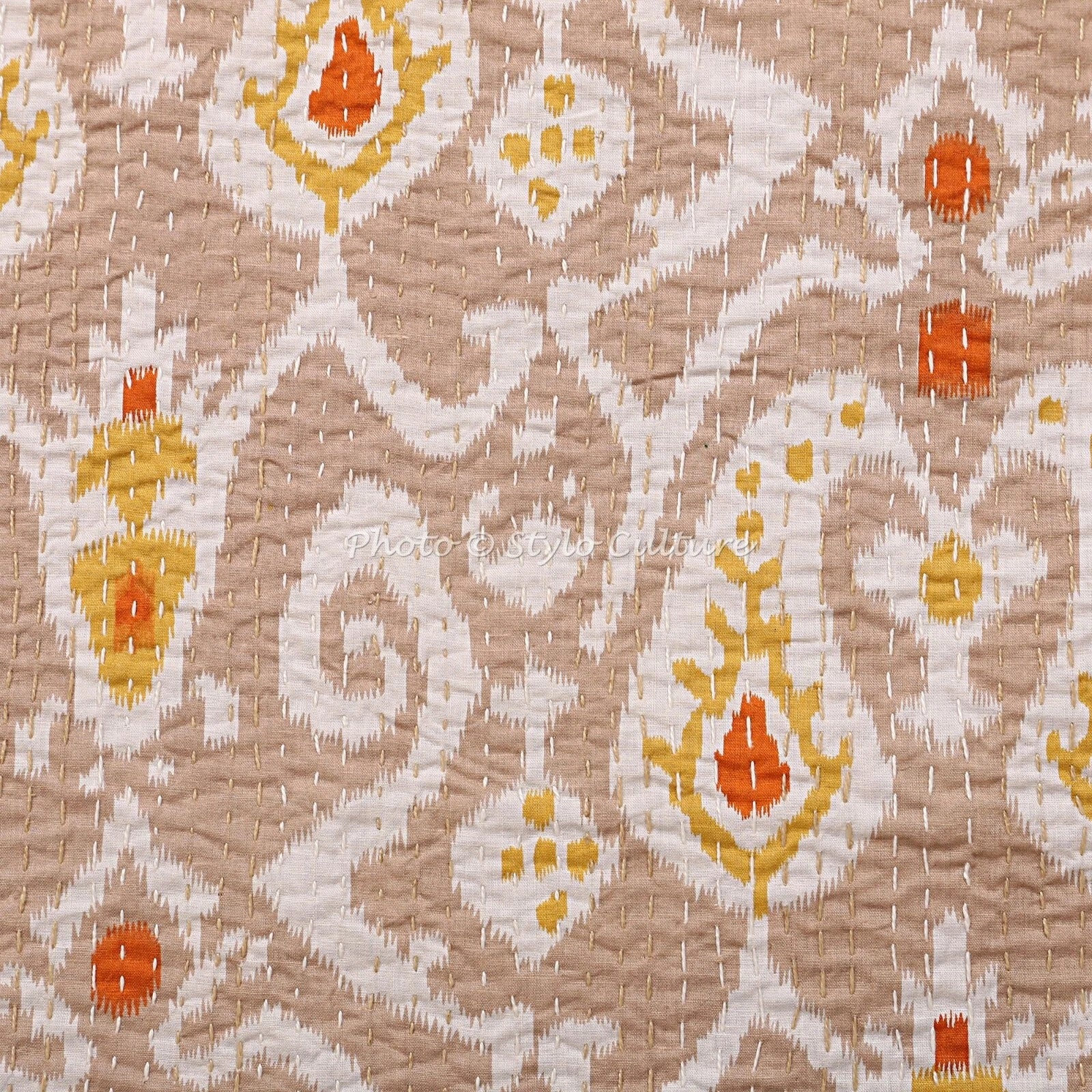 Decorative Handmade Cotton Kantha Pillow Cover Beige Ikat Sofa Pillow Cover