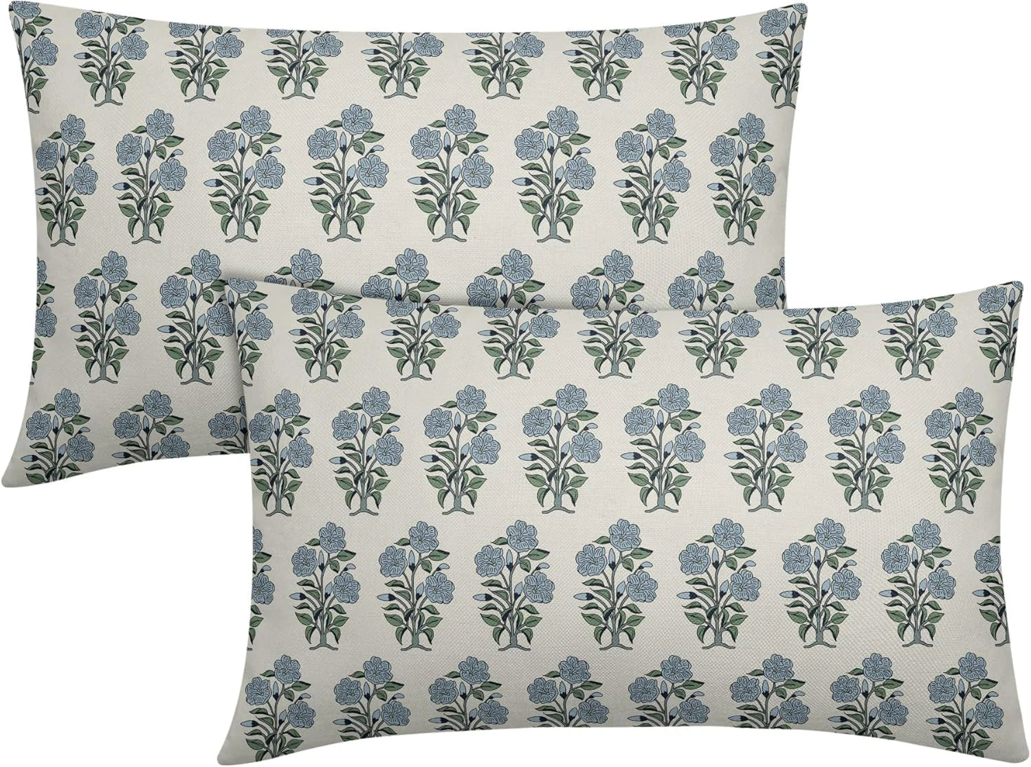 Blue Green Floral Block Print Lumbar Pillow Covers 12X20 Set of 2 Chinoiserie Fl