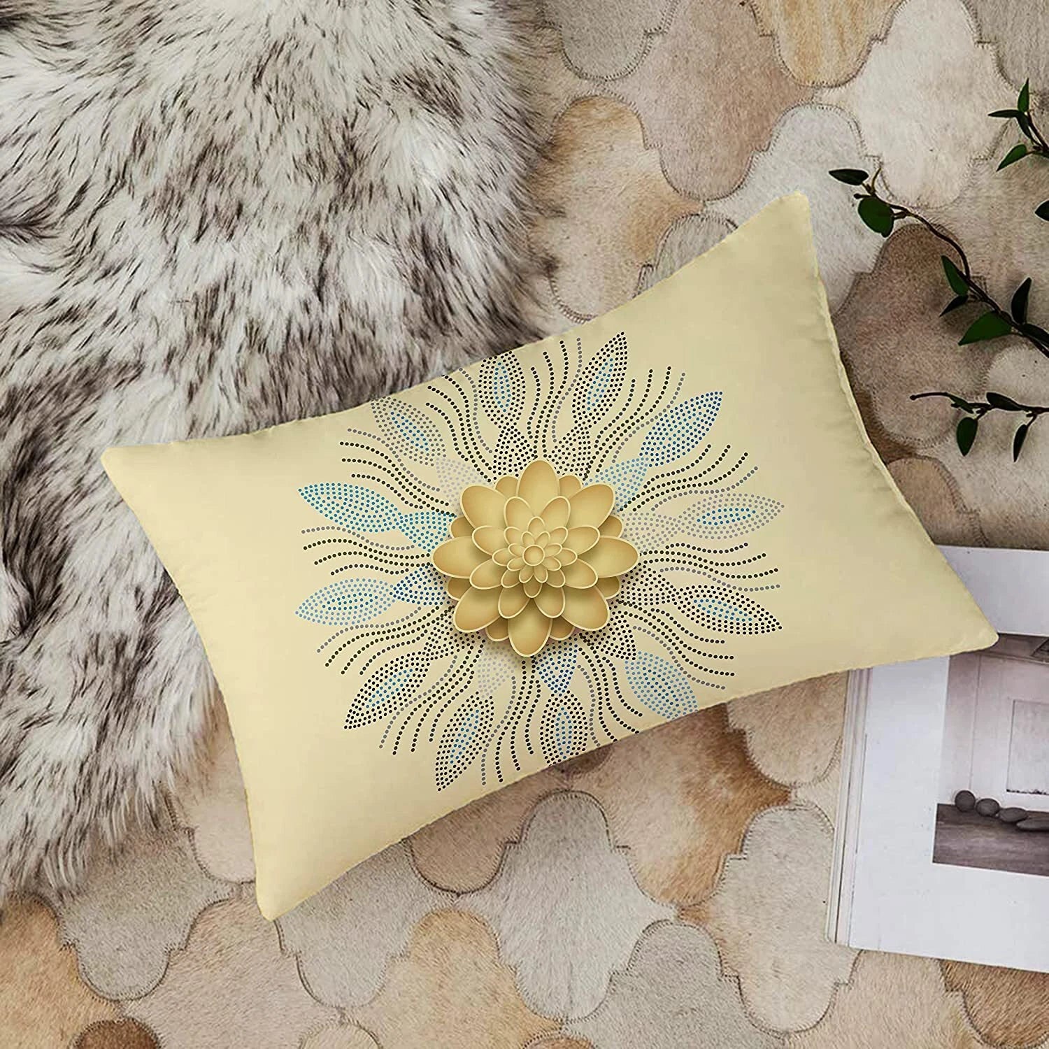 Gold Floral Printed Cotton Canvas Rectangular Cushion Covers,Set of 2 (12 x 18in