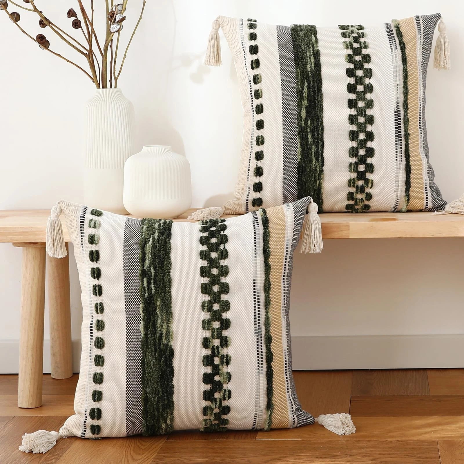 Set of 2 Boho Throw Pillow Covers 18x18 inch Woven Tufted Farmhouse Pillows C...
