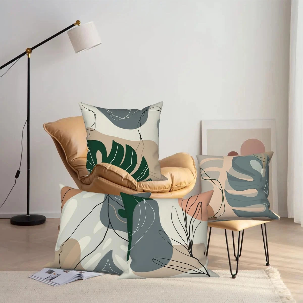 Abstract Leaves Throw Pillow Covers 18''x18'' Set of 4, Geometric Pattern Cus...