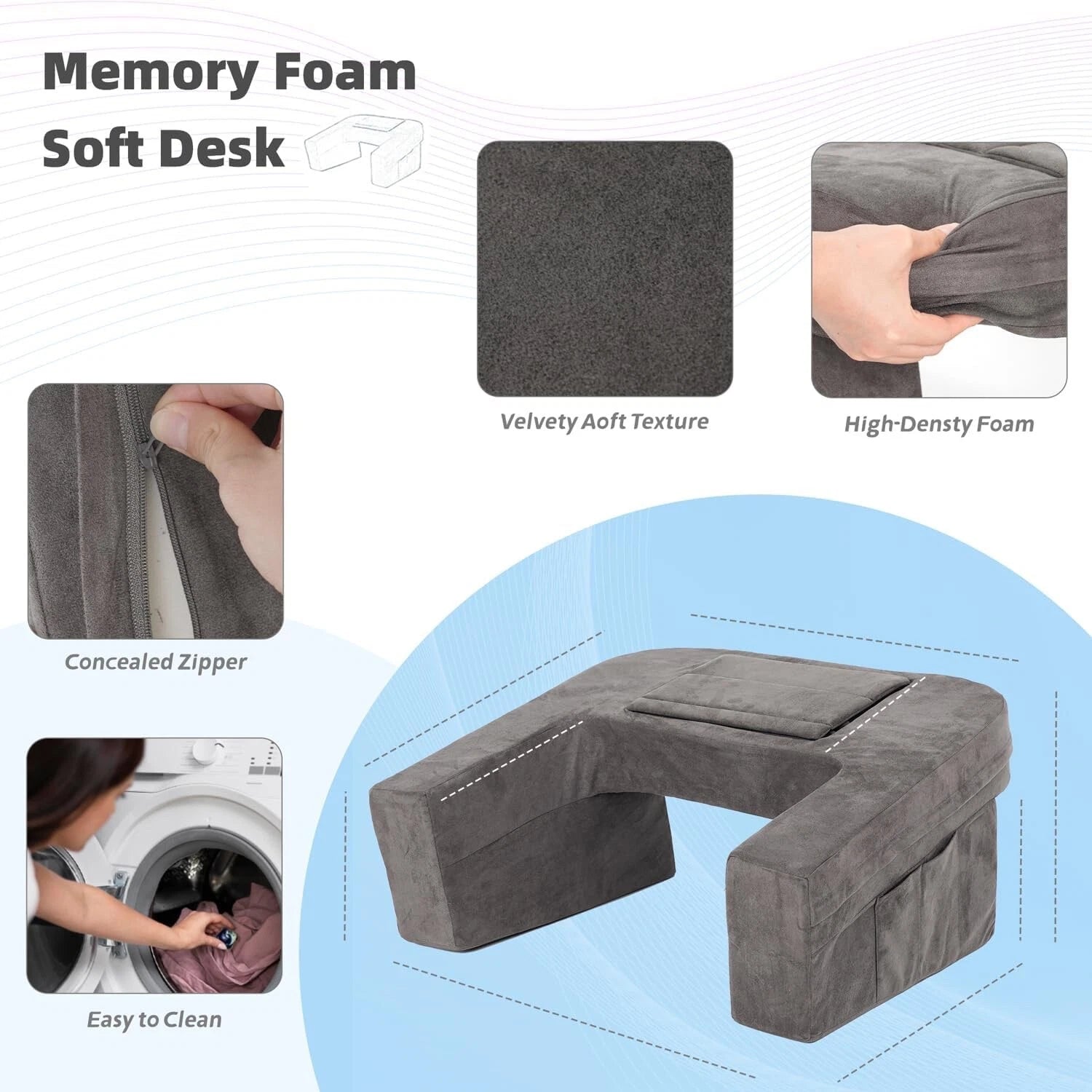 Reading Pillow for Bedroom, Memory Foam Gaming Pillow with Side Pockets for Adul