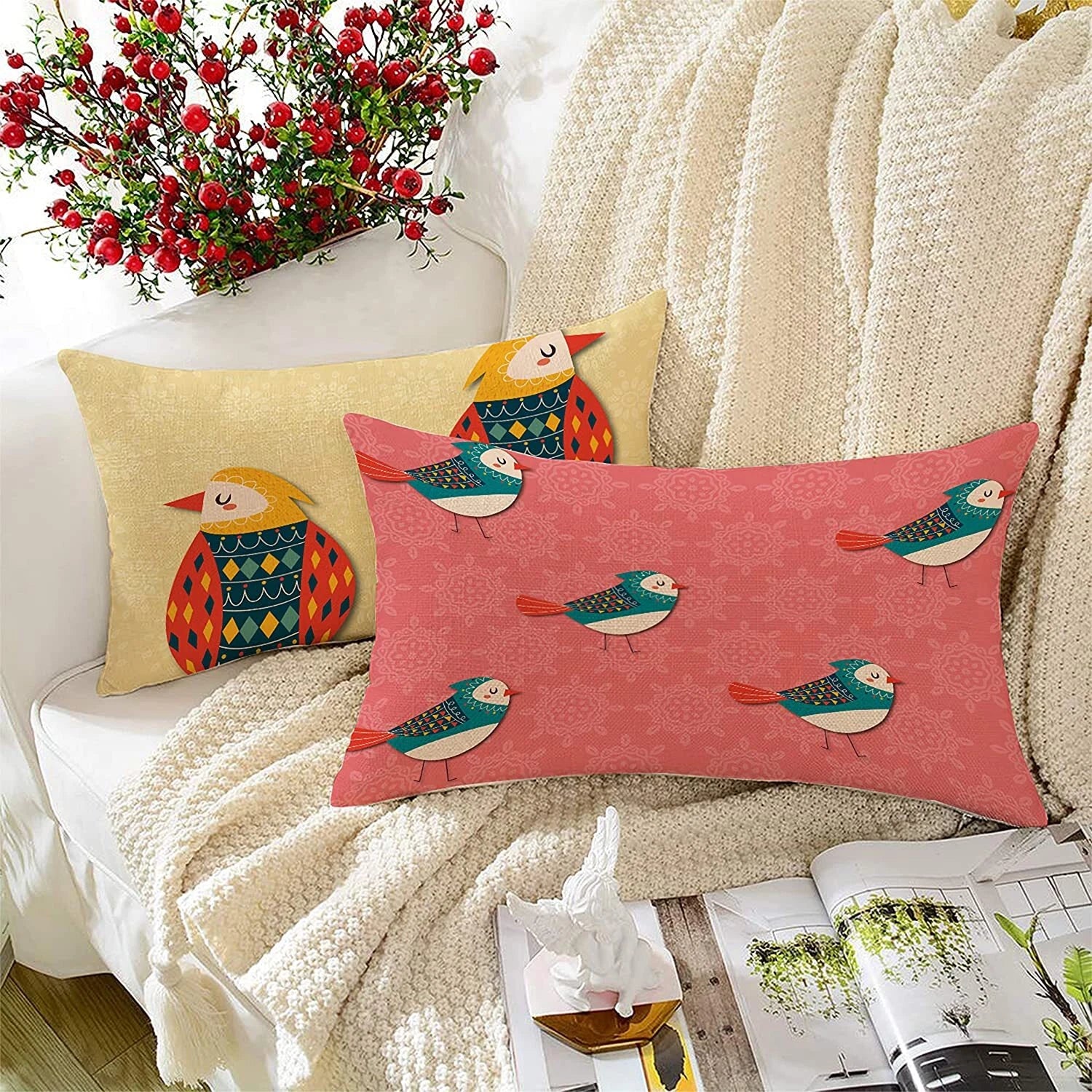 Birds Printed Canvas Cotton Cushion Covers, Combo Set of 2 ( 12 x 18 Inches )