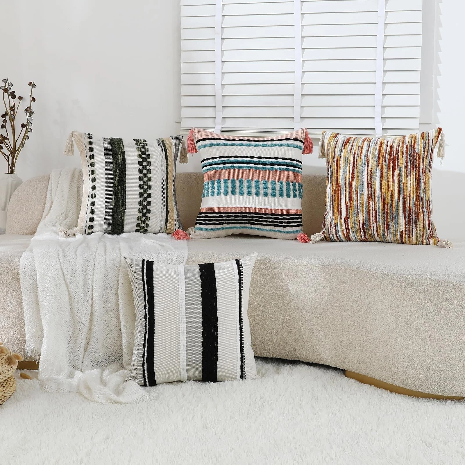 Set of 2 Boho Throw Pillow Covers 18x18 inch Woven Tufted Farmhouse Pillows C...