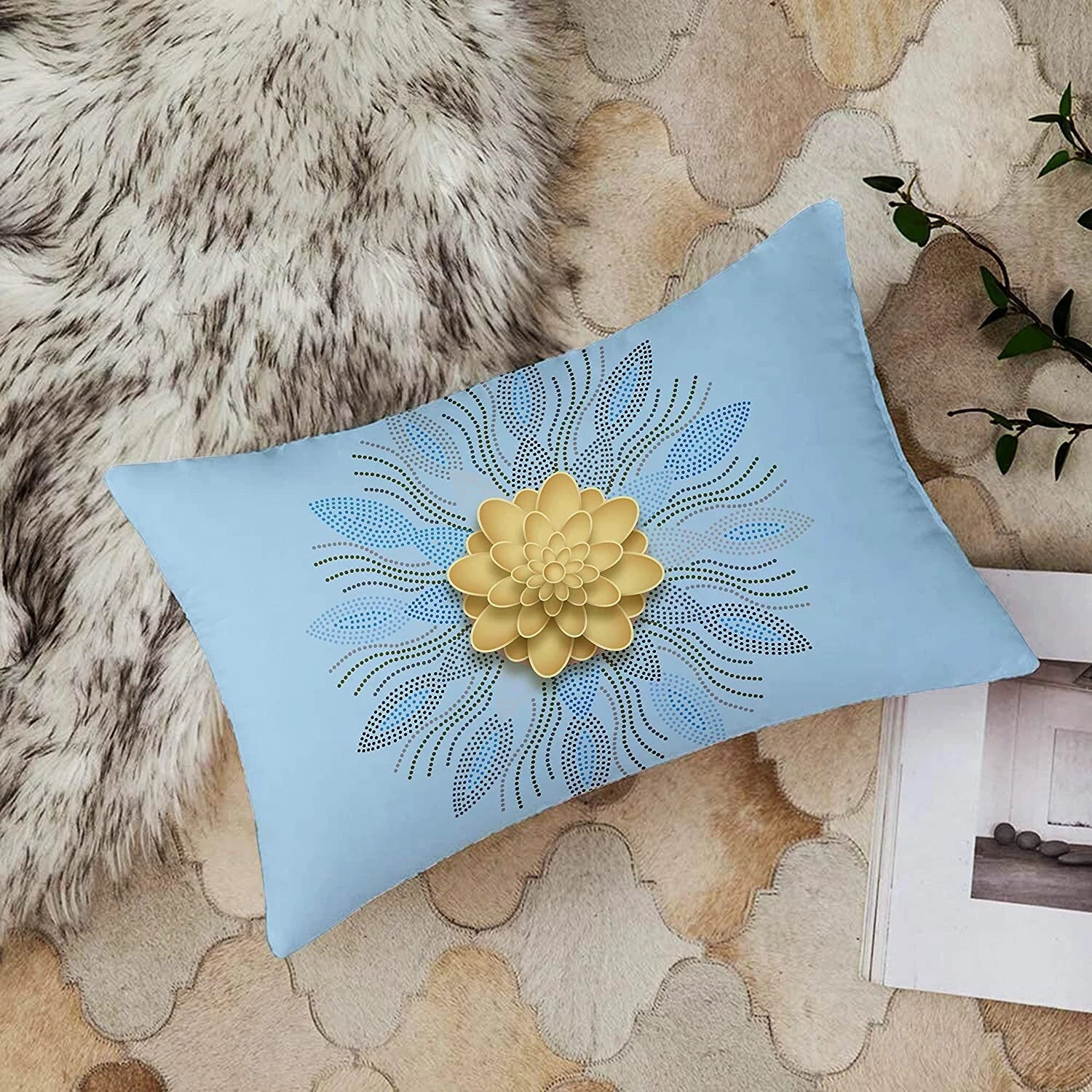 Gold Floral Printed Cotton Canvas Rectangular Cushion Covers,Set of 2 (12 x 18in