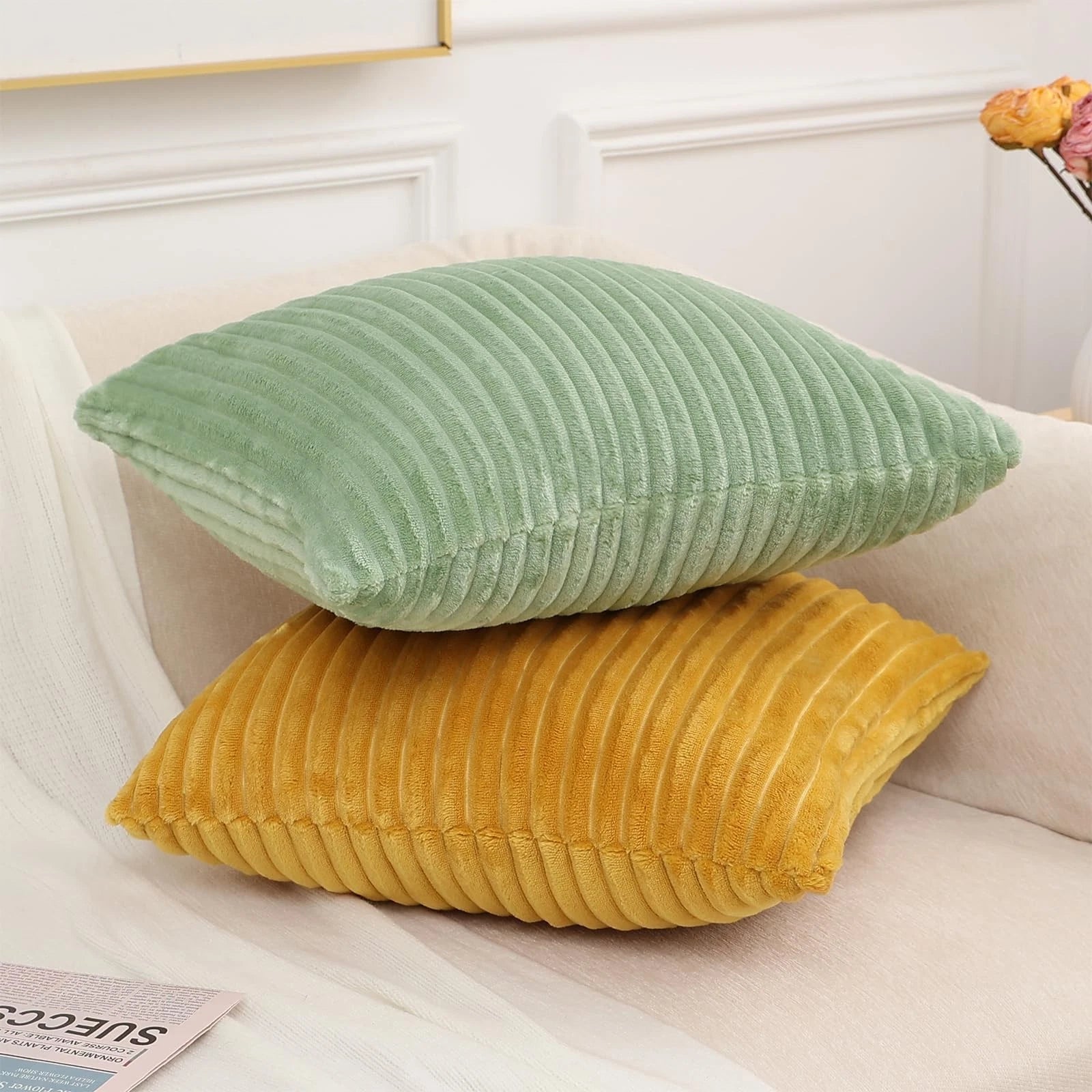 Simmore Decorative Throw Pillow Covers 24x24 Set of 2, Soft Natural Plush Fla...