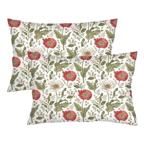 Flowers Pillow Cover Queen Size Set of 2 Spring Floral Wildflowers White Green