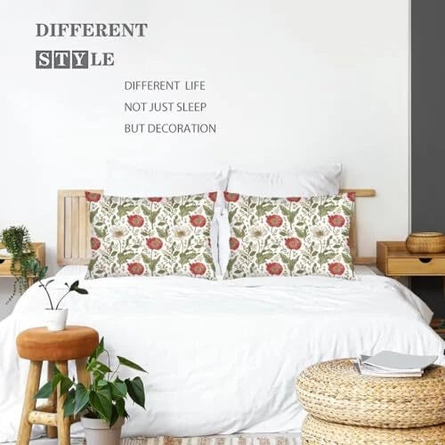 Flowers Pillow Cover Queen Size Set of 2 Spring Floral Wildflowers White Green