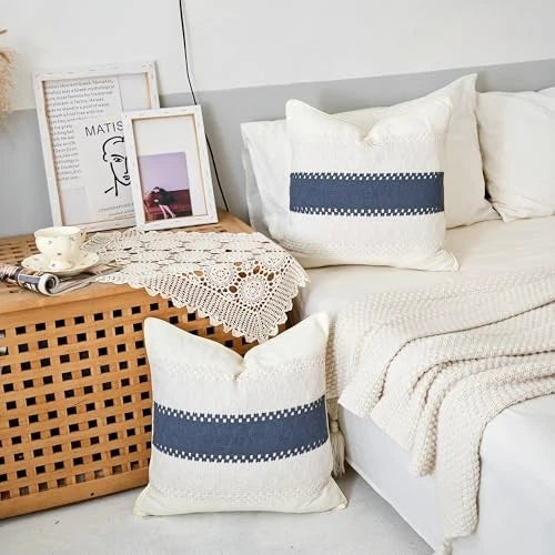 Throw Pillow Covers Set of 2 for Boho Living 20" x 20" (Pack of 2) Beige Blue