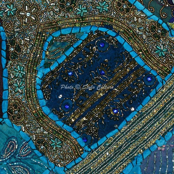 Blue Cushion Cover Beaded Gypsy Handmade Boho Ethnic Tribal Ethnic Hippie Pillow