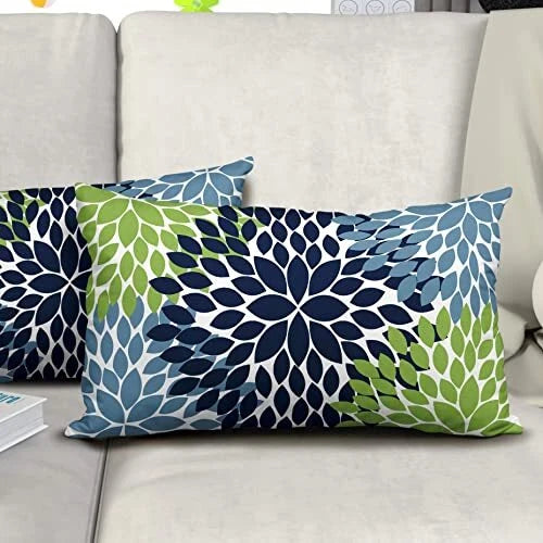 Pillow Covers 12x20 Light Blue Dahlia Flowers 12x20 Inches Navy Blue Green