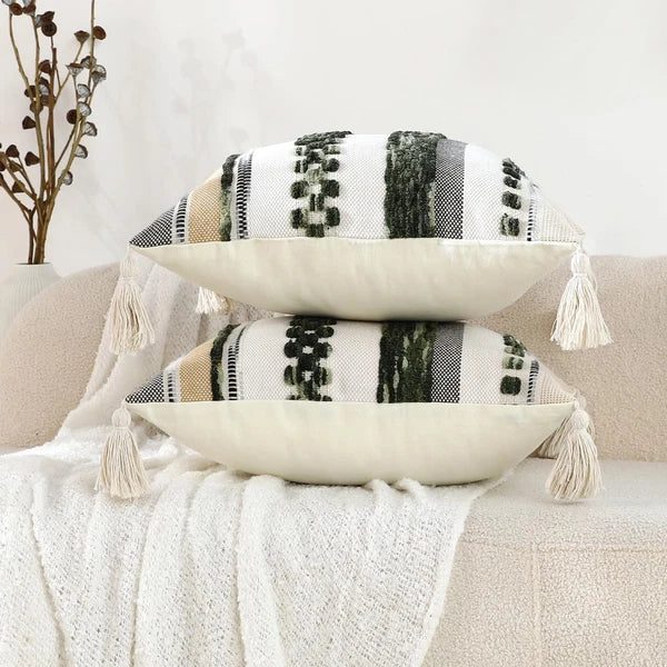 Set of 2 Boho Throw Pillow Covers 18x18 inch Woven Tufted Farmhouse Pillows C...