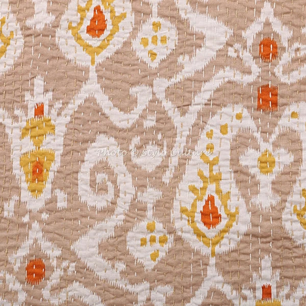 Decorative Handmade Cotton Kantha Pillow Cover Beige Ikat Sofa Pillow Cover