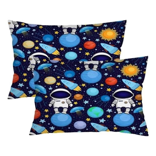 Throw Pillow Cover Queen Size Set of 2,Cartoon Space Astronauts Rockets Blue