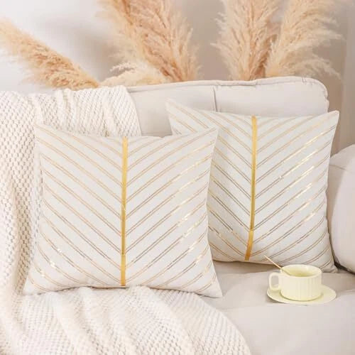 Velvet Throw Pillow Covers 18x18 Set of 2 with Gold 18" x 18" (Pack of 2) Beige