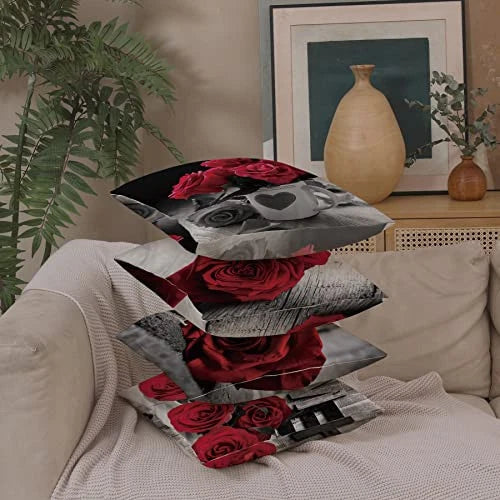 Red Rose Flowers Throw Pillow Cases Cushion 18" x 18" (Pack of 4) Flower B