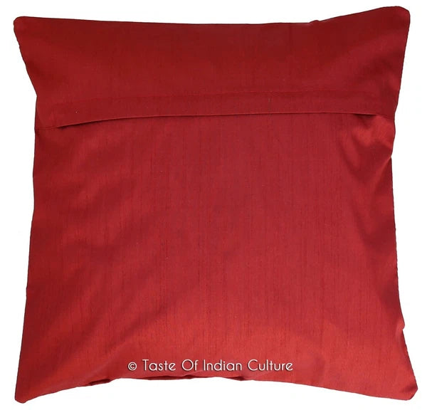 16" Indian Peacock Printed Silk Brocade With Dupion Silk Cushion Cover Dark Red