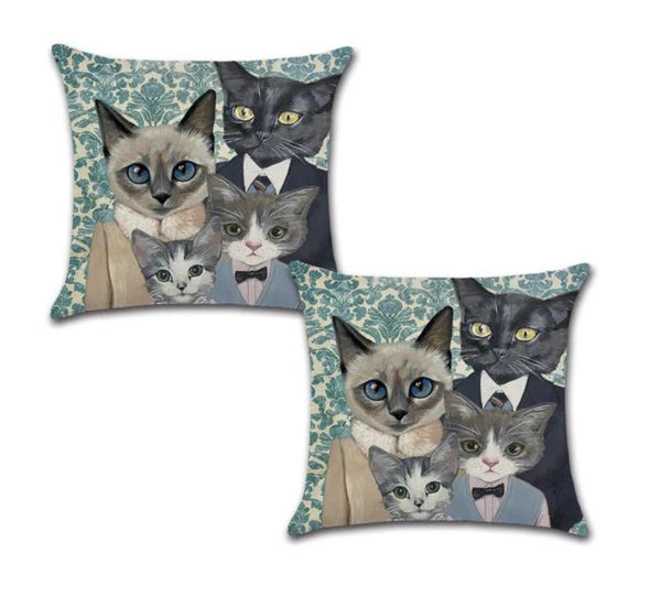 Set of 2 Pillow Covers 18x18, Cat Family Portrait in Suits, Linen Fabric 45x45cm