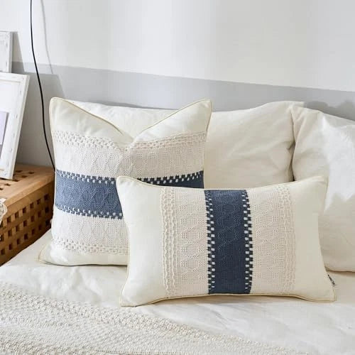 Throw Pillow Covers Set of 2 for Boho Living 20" x 20" (Pack of 2) Beige Blue