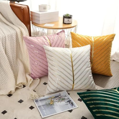 Velvet Throw Pillow Covers 18x18 Set of 2 with Gold 18" x 18" (Pack of 2) Beige