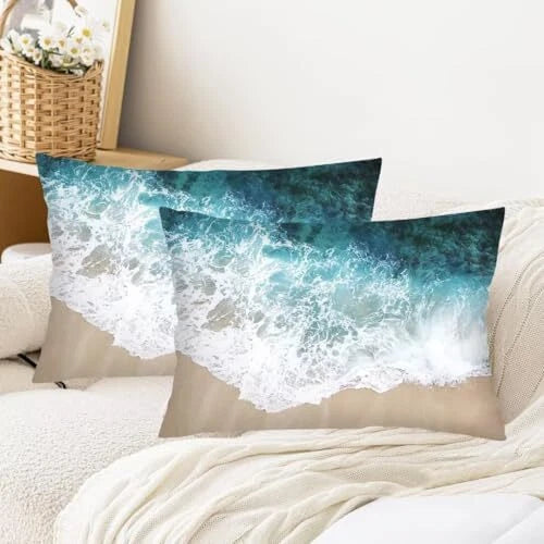 Coastal Throw Pillow Cover Queen Size Set of 2,Beach Ocean Theme Lumbar Blue