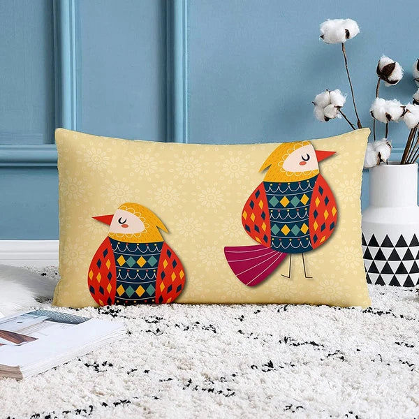 Birds Printed Canvas Cotton Cushion Covers, Combo Set of 2 ( 12 x 18 Inches )