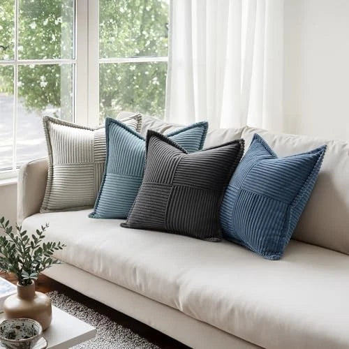 Corduroy Pillow Covers 20x20 Inch with Splicing Set 20" x 20" (Pack of 2) Blue